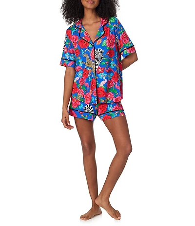 Room Service Safari Floral Print Short Sleeve Notch Collar Jersey Knit Shorty Pajama Set