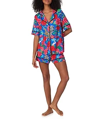 Room Service Safari Floral Print Short Sleeve Notch Collar Jersey Knit Shorty Pajama Set