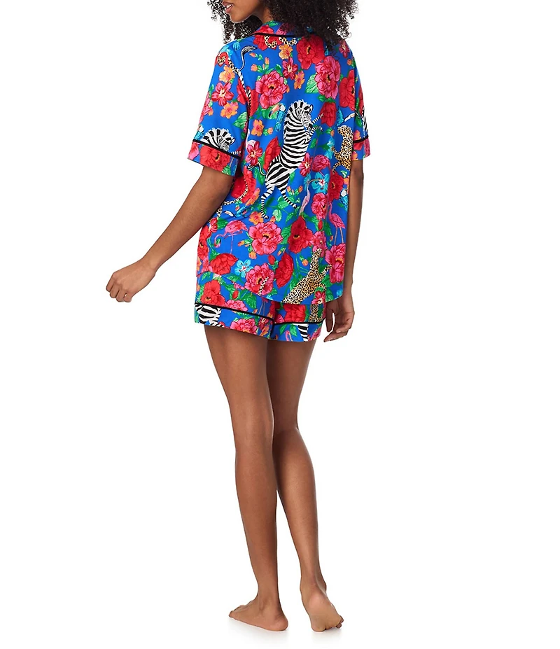 Room Service Safari Floral Print Short Sleeve Notch Collar Jersey Knit Shorty Pajama Set