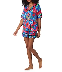 Room Service Safari Floral Print Short Sleeve Notch Collar Jersey Knit Shorty Pajama Set