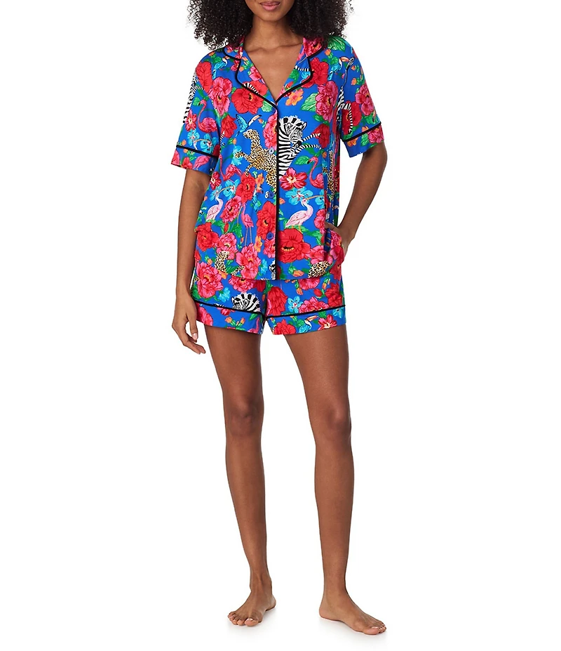 Room Service Safari Floral Print Short Sleeve Notch Collar Jersey Knit Shorty Pajama Set