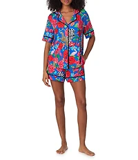 Room Service Safari Floral Print Short Sleeve Notch Collar Jersey Knit Shorty Pajama Set