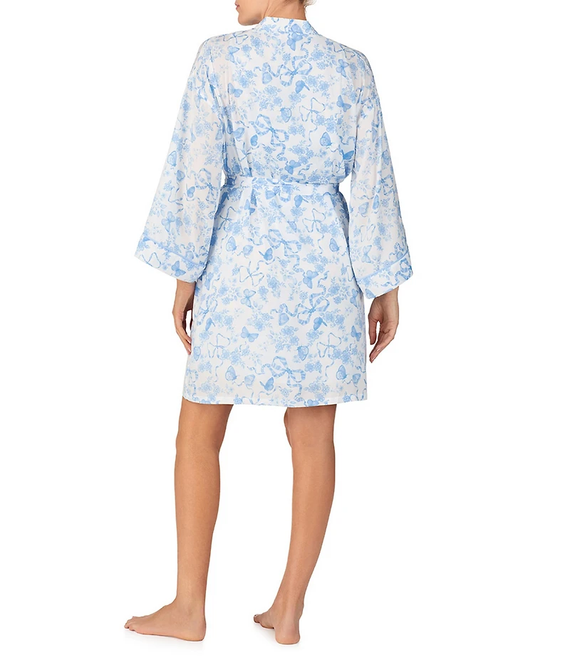 Room Service Satin 3/4 Sleeve Shawl Collar Bow Floral Print Coordinating Robe