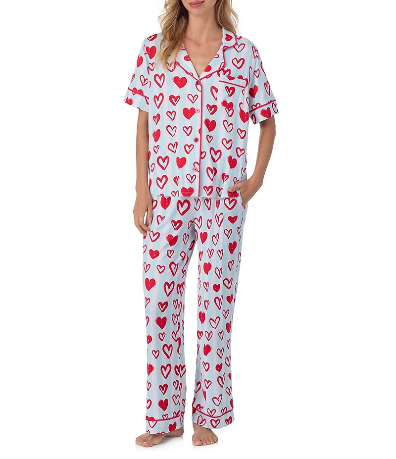 Room Service Short Sleeve Notch Collar Cozy Jersey Knit Heart Striped Print Long Pajama Set