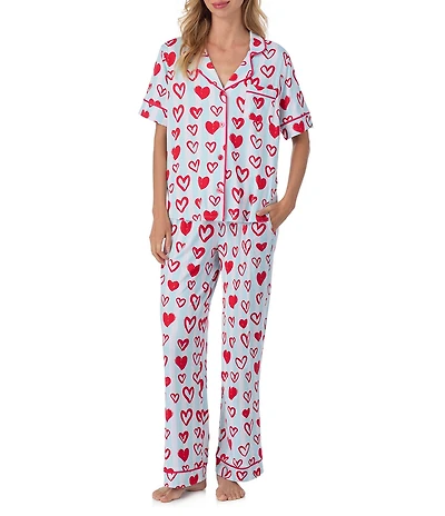 Room Service Short Sleeve Notch Collar Cozy Jersey Knit Heart Striped Print Long Pajama Set