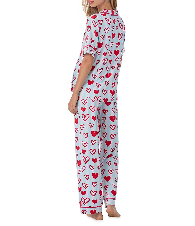 Room Service Short Sleeve Notch Collar Cozy Jersey Knit Heart Striped Print Long Pajama Set