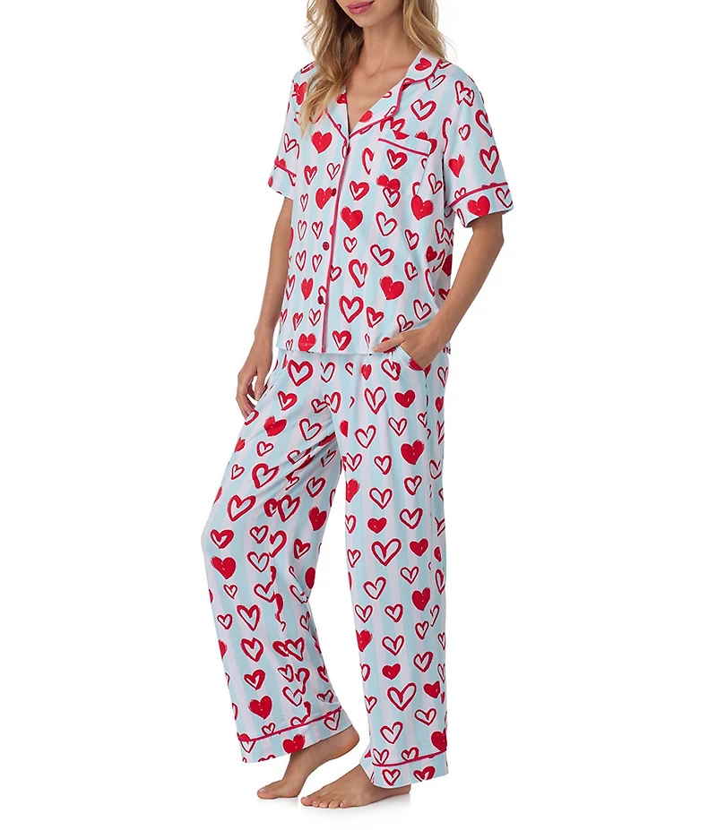 Room Service Short Sleeve Notch Collar Cozy Jersey Knit Heart Striped Print Long Pajama Set