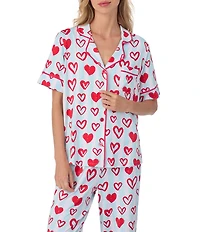 Room Service Short Sleeve Notch Collar Cozy Jersey Knit Heart Striped Print Long Pajama Set