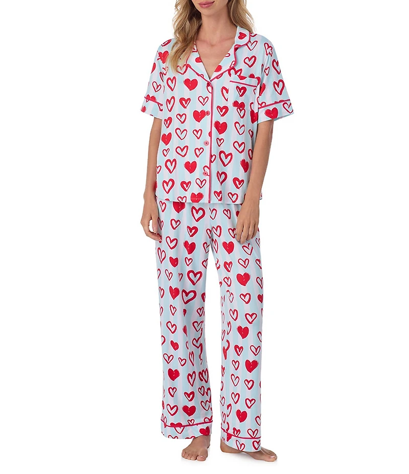 Room Service Short Sleeve Notch Collar Cozy Jersey Knit Heart Striped Print Long Pajama Set