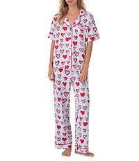 Room Service Short Sleeve Notch Collar Cozy Jersey Knit Heart Striped Print Long Pajama Set