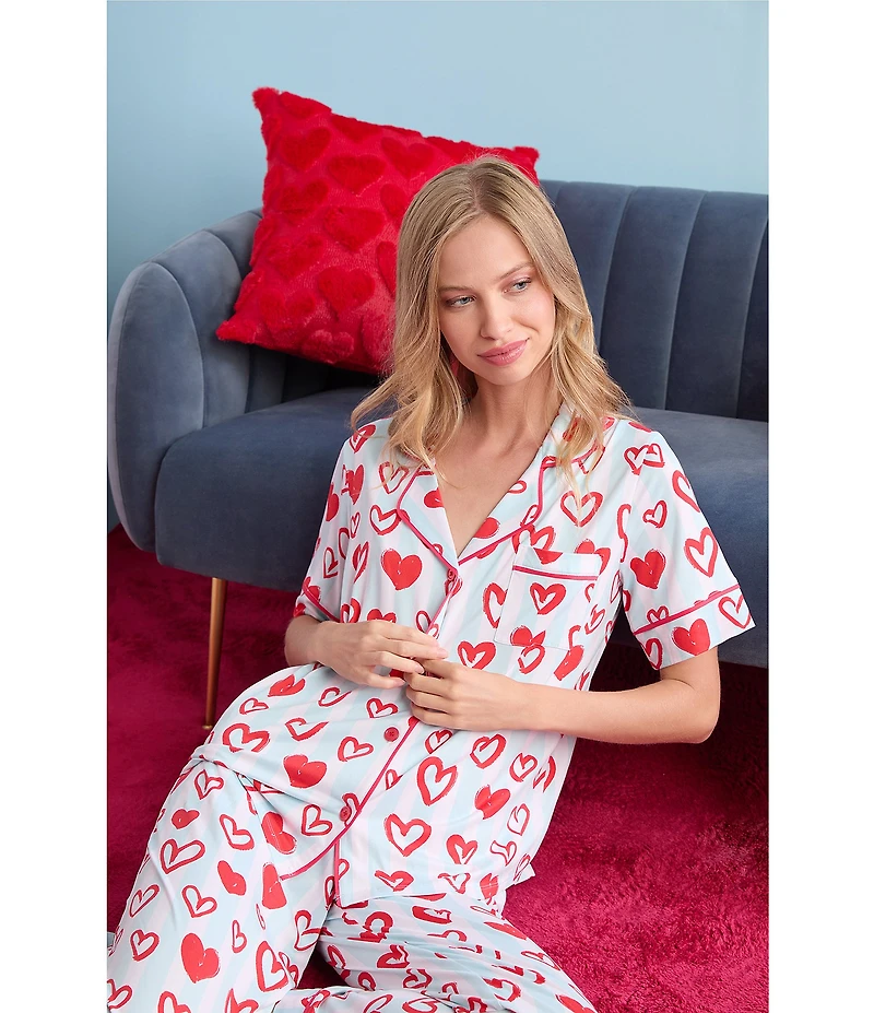 Room Service Short Sleeve Notch Collar Cozy Jersey Knit Heart Striped Print Long Pajama Set
