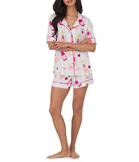 Room Service Short Sleeve Notch Collar Jersey Knit Bubbly Striped Short Pajama Set