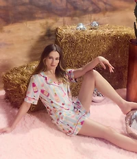 Room Service Short Sleeve Notch Collar Jersey Knit Bubbly Striped Short Pajama Set