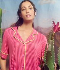 Room Service Short Sleeve Notch Collar Jersey Knit Mini Stripe Short Pajama Set