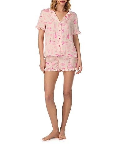 Room Service Short Sleeve Notch Collar Satin Bridal Babe Print Shorty Pajama Set