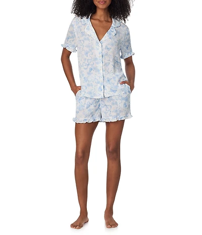 Room Service Short Sleeve Notch Collar Satin Butterflies & Bows Print Shorty Pajama Set