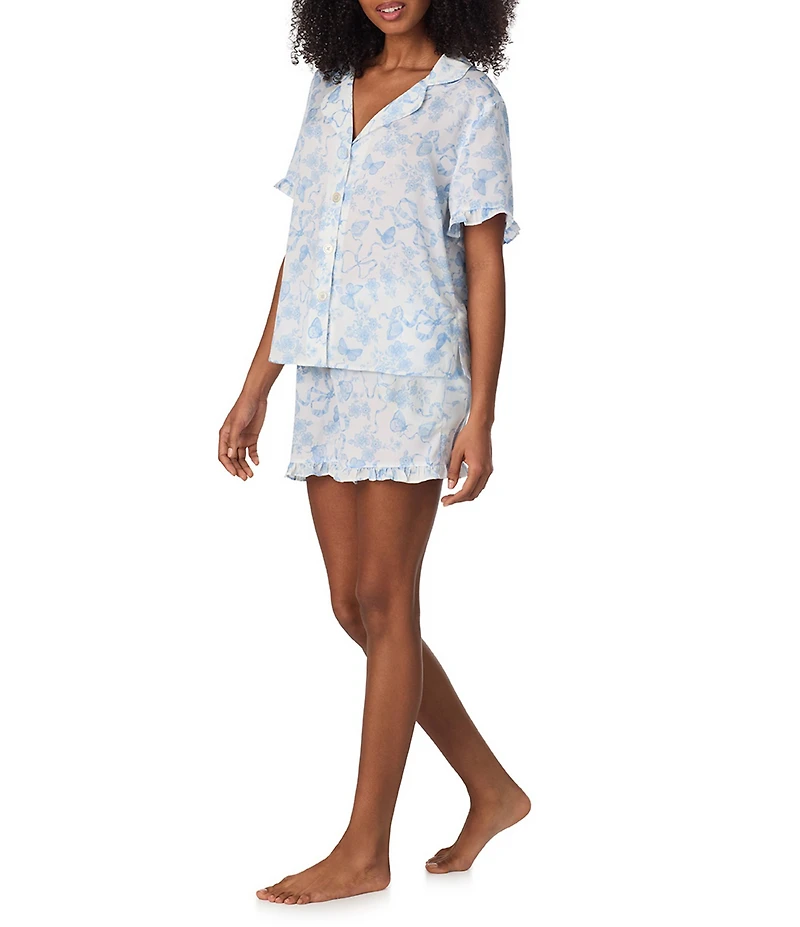 Room Service Short Sleeve Notch Collar Satin Butterflies & Bows Print Shorty Pajama Set
