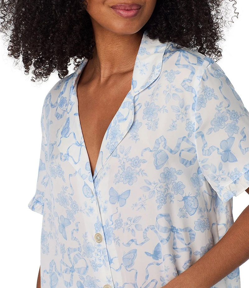 Room Service Short Sleeve Notch Collar Satin Butterflies & Bows Print Shorty Pajama Set