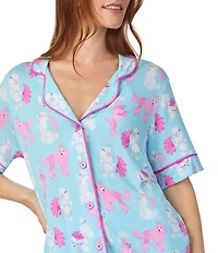 Room Service Show Poodles Print Short Sleeve Notch Collar Knit Shorty Pajama Set