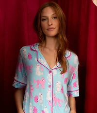 Room Service Show Poodles Print Short Sleeve Notch Collar Knit Shorty Pajama Set