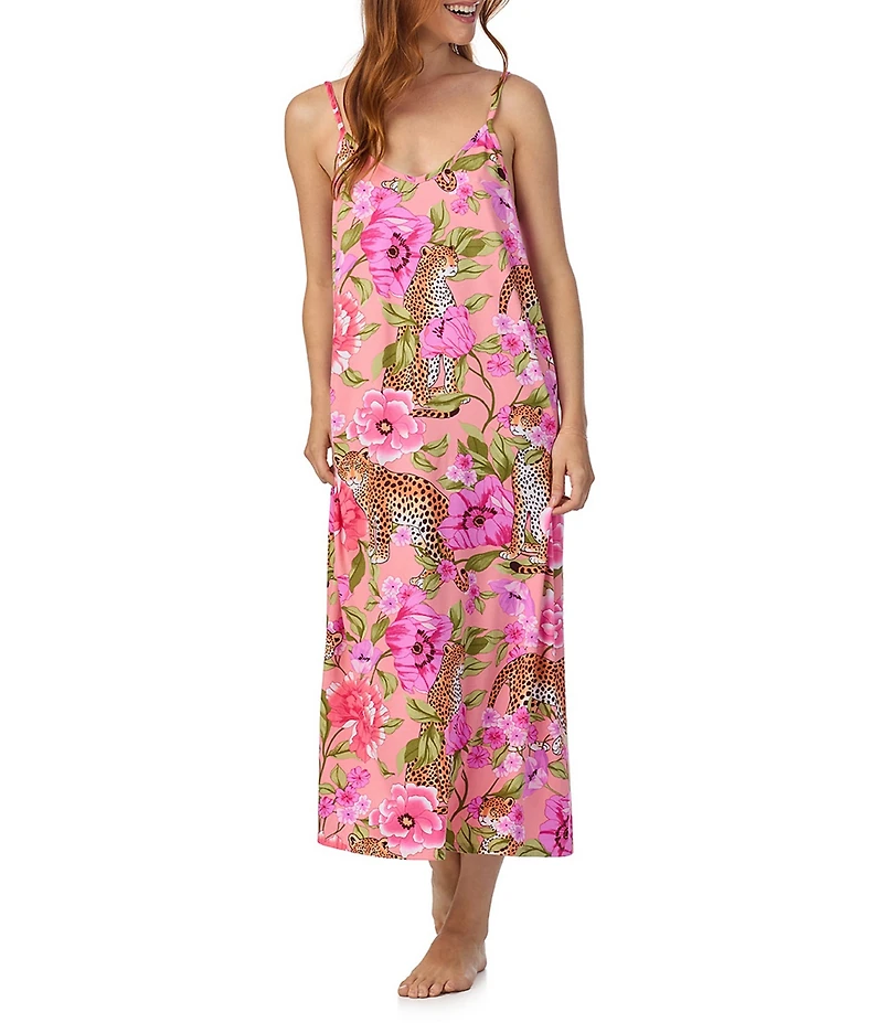Room Service Sleeveless V-Neck Knit Scoop Back Leopard Floral Print Coordinating Maxi Chemise