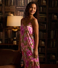 Room Service Sleeveless V-Neck Knit Scoop Back Leopard Floral Print Coordinating Maxi Chemise
