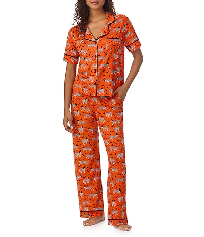 Room Service Spooky Season Print Short Sleeve Notch Collar Top & Long Pant Knit Pajama Set