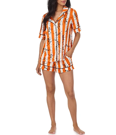 Room Service Spooky Stripe Print Short Sleeve Notch Collar Jersey Knit Shorty Pajama Set