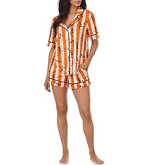 Room Service Spooky Stripe Print Short Sleeve Notch Collar Jersey Knit Shorty Pajama Set