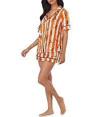 Room Service Spooky Stripe Print Short Sleeve Notch Collar Jersey Knit Shorty Pajama Set