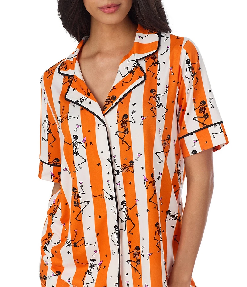 Room Service Spooky Stripe Print Short Sleeve Notch Collar Jersey Knit Shorty Pajama Set
