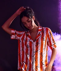 Room Service Spooky Stripe Print Short Sleeve Notch Collar Jersey Knit Shorty Pajama Set