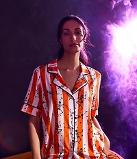 Room Service Spooky Stripe Print Short Sleeve Notch Collar Jersey Knit Shorty Pajama Set