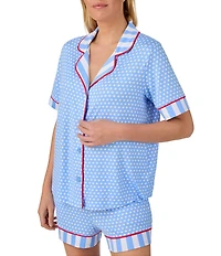 Room Service Star Print Short Sleeve Notch Collar Cozy Jersey Knit Shorty Pajama Set