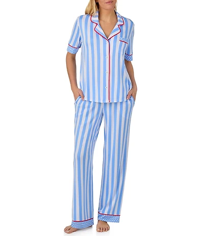 Room Service Stripe Print Short Sleeve Notch Collar Cozy Jersey Knit Long Pajama Set