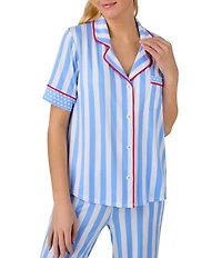 Room Service Stripe Print Short Sleeve Notch Collar Cozy Jersey Knit Long Pajama Set