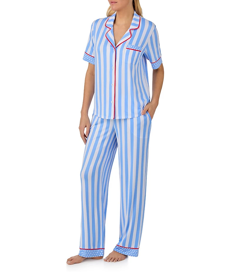 Room Service Stripe Print Short Sleeve Notch Collar Cozy Jersey Knit Long Pajama Set