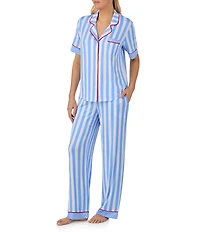 Room Service Stripe Print Short Sleeve Notch Collar Cozy Jersey Knit Long Pajama Set