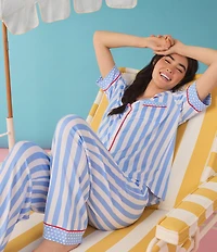 Room Service Stripe Print Short Sleeve Notch Collar Cozy Jersey Knit Long Pajama Set