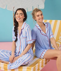 Room Service Stripe Print Short Sleeve Notch Collar Cozy Jersey Knit Long Pajama Set