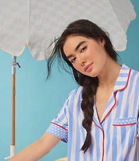 Room Service Stripe Print Short Sleeve Notch Collar Cozy Jersey Knit Long Pajama Set