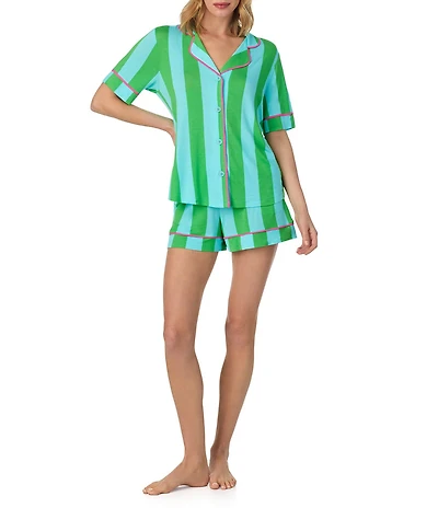 Room Service Striped Short Sleeve Notch Collar Jersey Knit Shorty Pajama Set