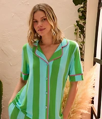 Room Service Striped Short Sleeve Notch Collar Jersey Knit Shorty Pajama Set