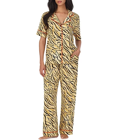 Room Service Tiger Glam Print Short Sleeve Notch Collar Jersey Knit Pajama Set