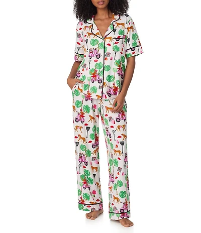 Room Service Wild Ride Print Short Sleeve Notch Collar Long Jersey Knit Pajama Set