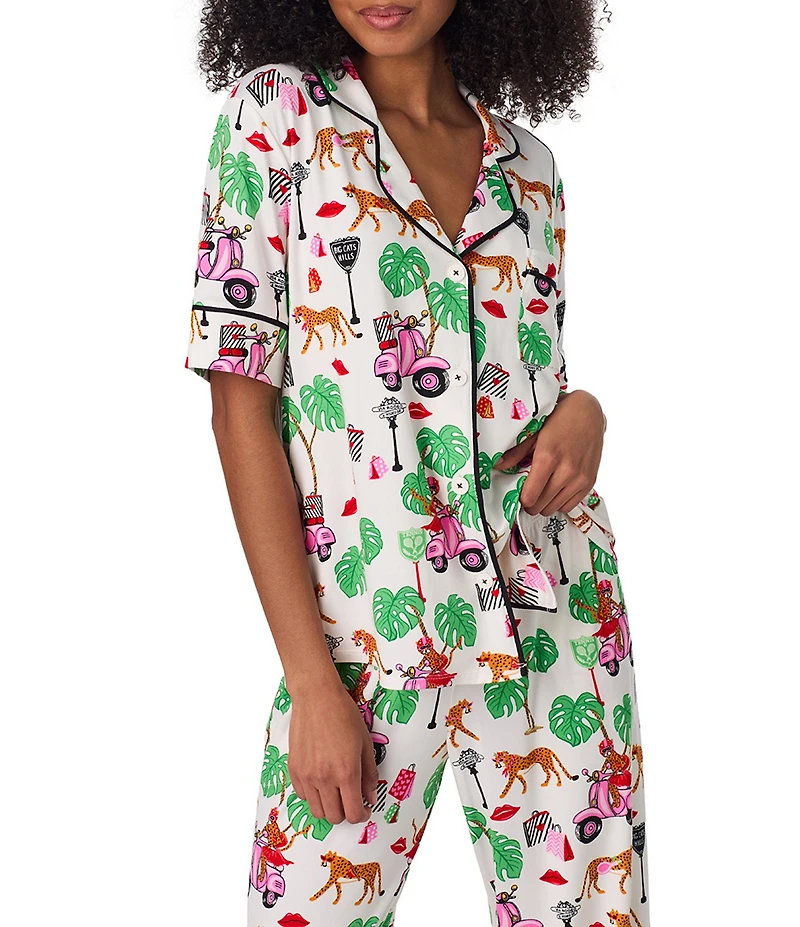 Room Service Wild Ride Print Short Sleeve Notch Collar Long Jersey Knit Pajama Set