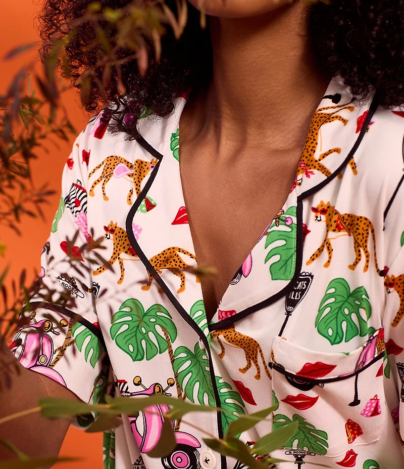 Room Service Wild Ride Print Short Sleeve Notch Collar Long Jersey Knit Pajama Set