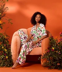 Room Service Wild Ride Print Short Sleeve Notch Collar Long Jersey Knit Pajama Set