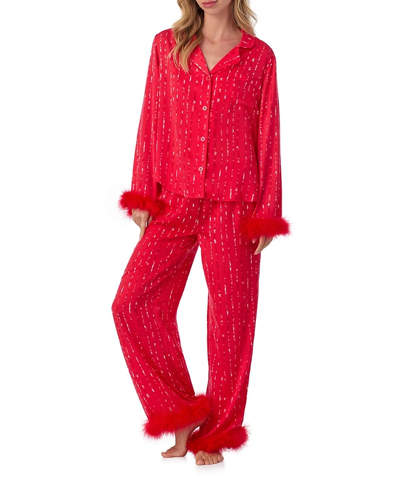 Room Service Woven Satin Sequin Print Long Sleeve Notch Collar Feather Trim Pajama Set