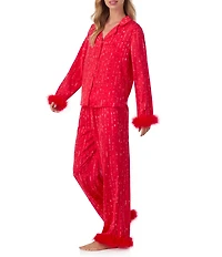 Room Service Woven Satin Sequin Print Long Sleeve Notch Collar Feather Trim Pajama Set